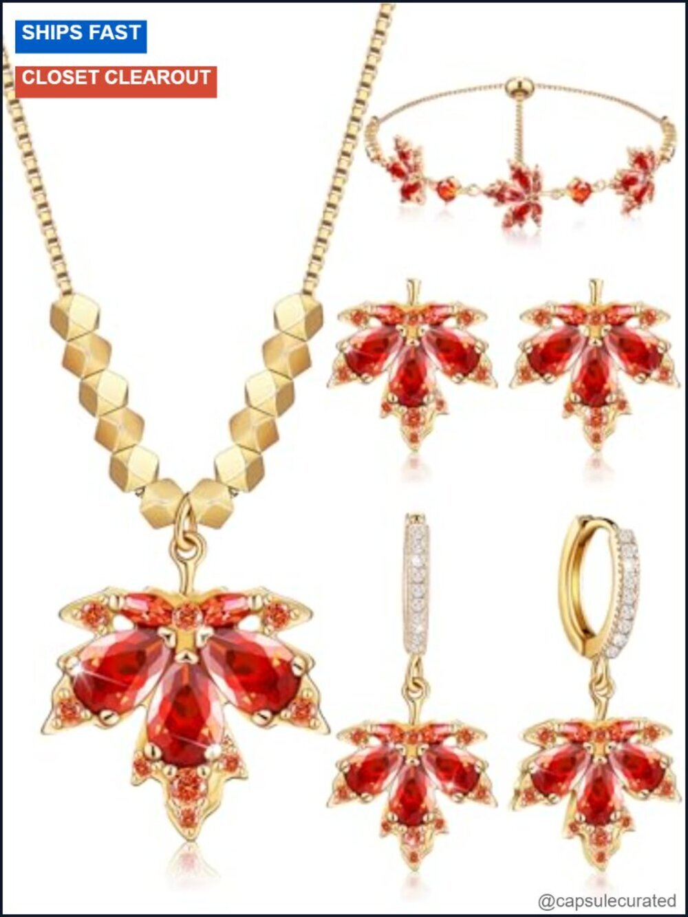 Thanksgiving Maple Leaf Jewelry Set - Necklace Earrings Bracelet